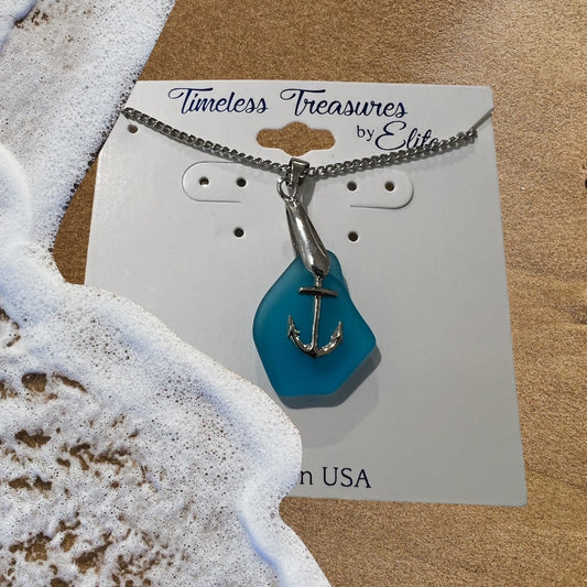 Handmade Blue Seaglass Adjustable Necklace with Anchor