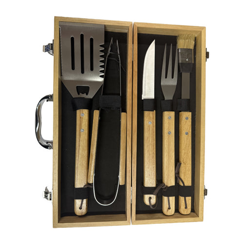 1. BBQ Set – 5 Piece Stainless with Rubberwood Handles and Rubberwood Case.