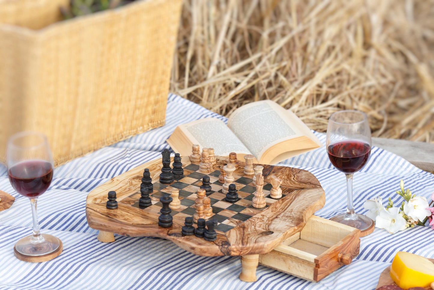 Handmade Olive Wood Chess Board with Storage Drawers