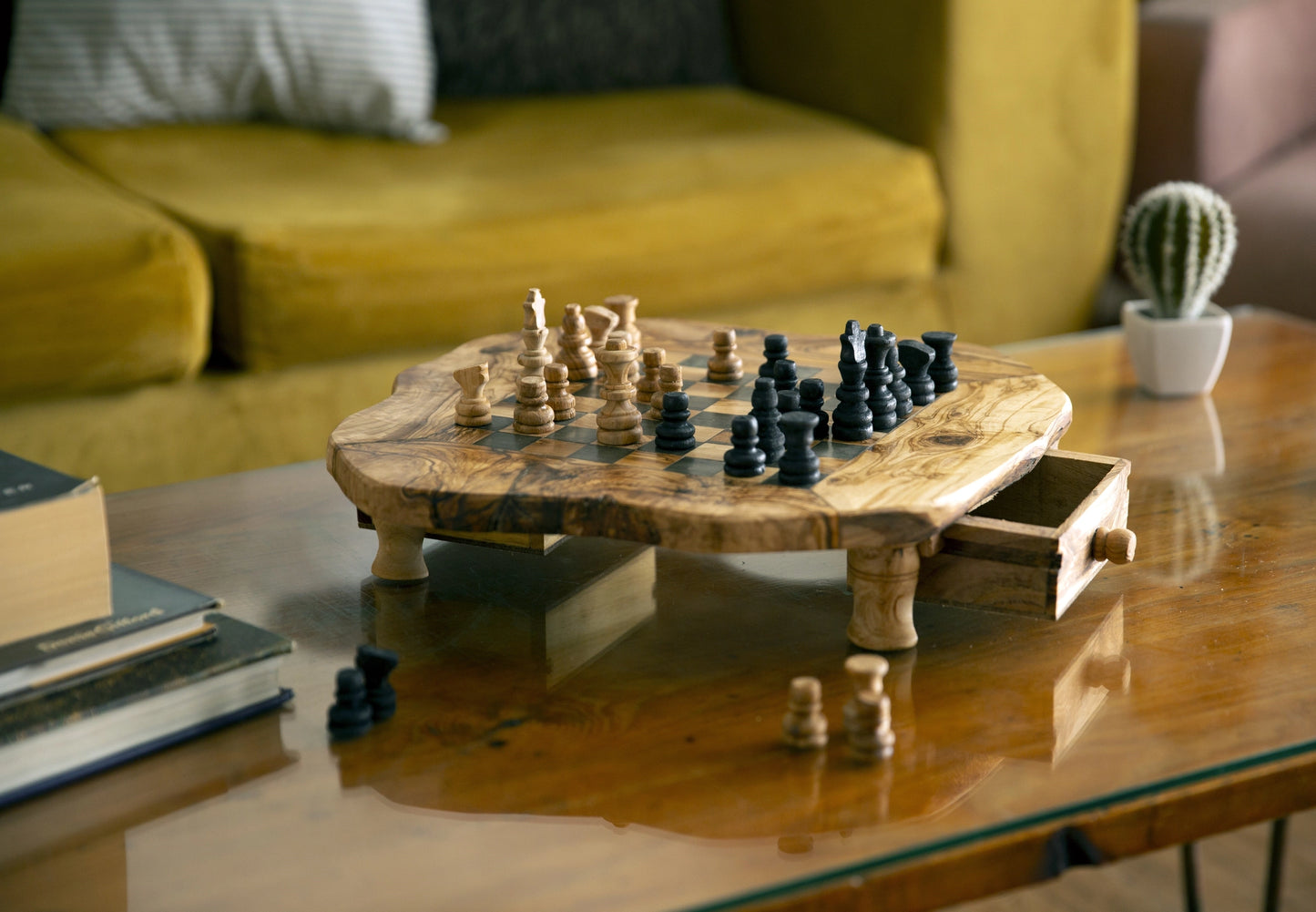 Handmade Olive Wood Chess Board with Storage Drawers