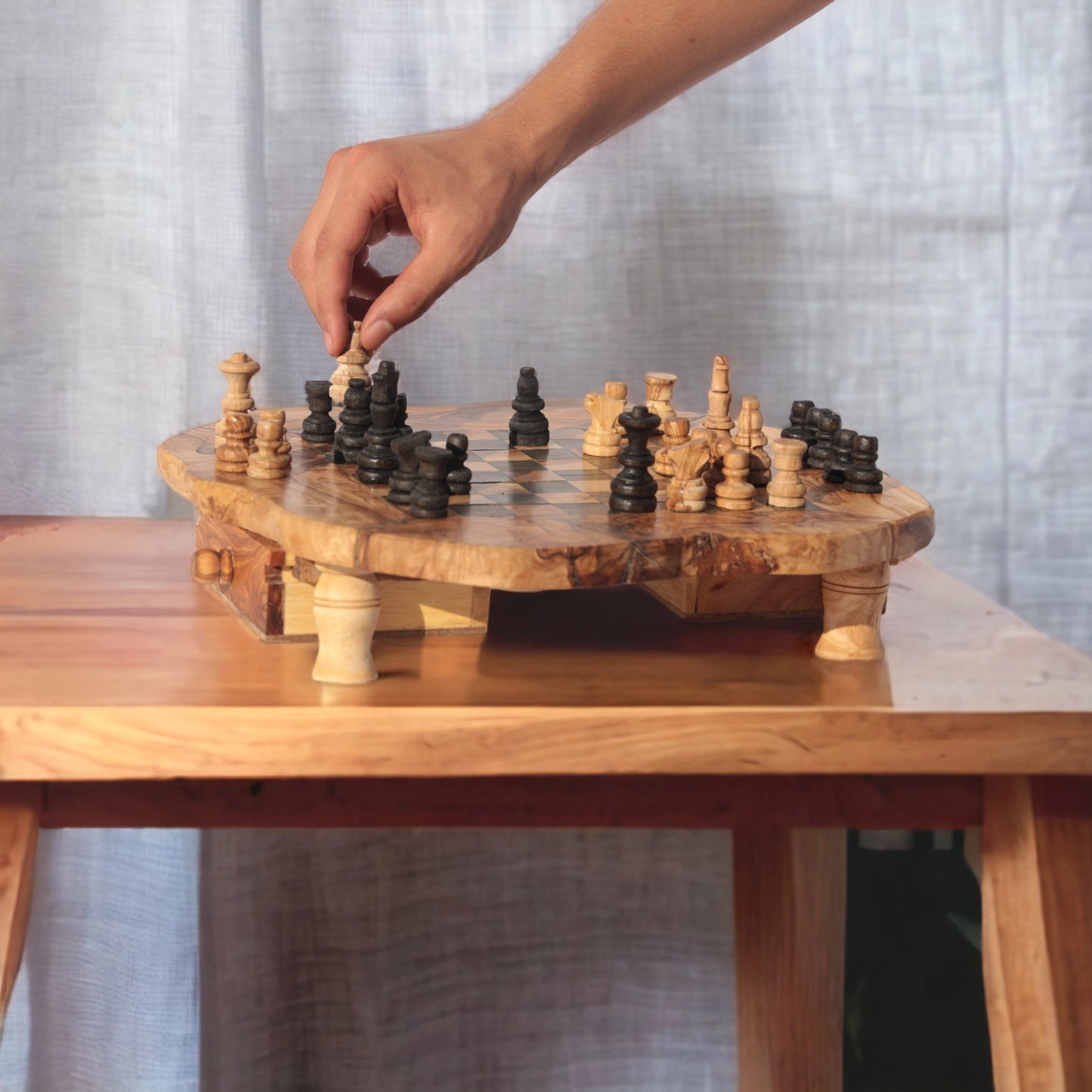 Handmade Olive Wood Chess Board with Storage Drawers