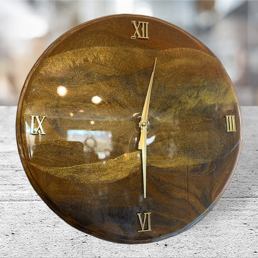 Handmade Classy Epoxy Resin Gold Wave Clock on Wood