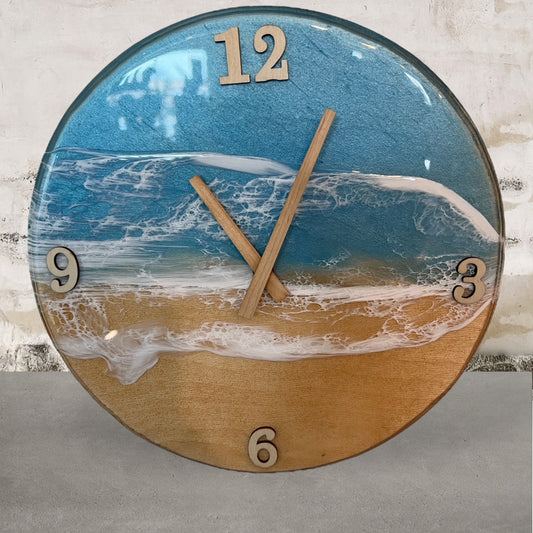 Handmade Epoxy Resin Beach Wave Clock with Wood Accents