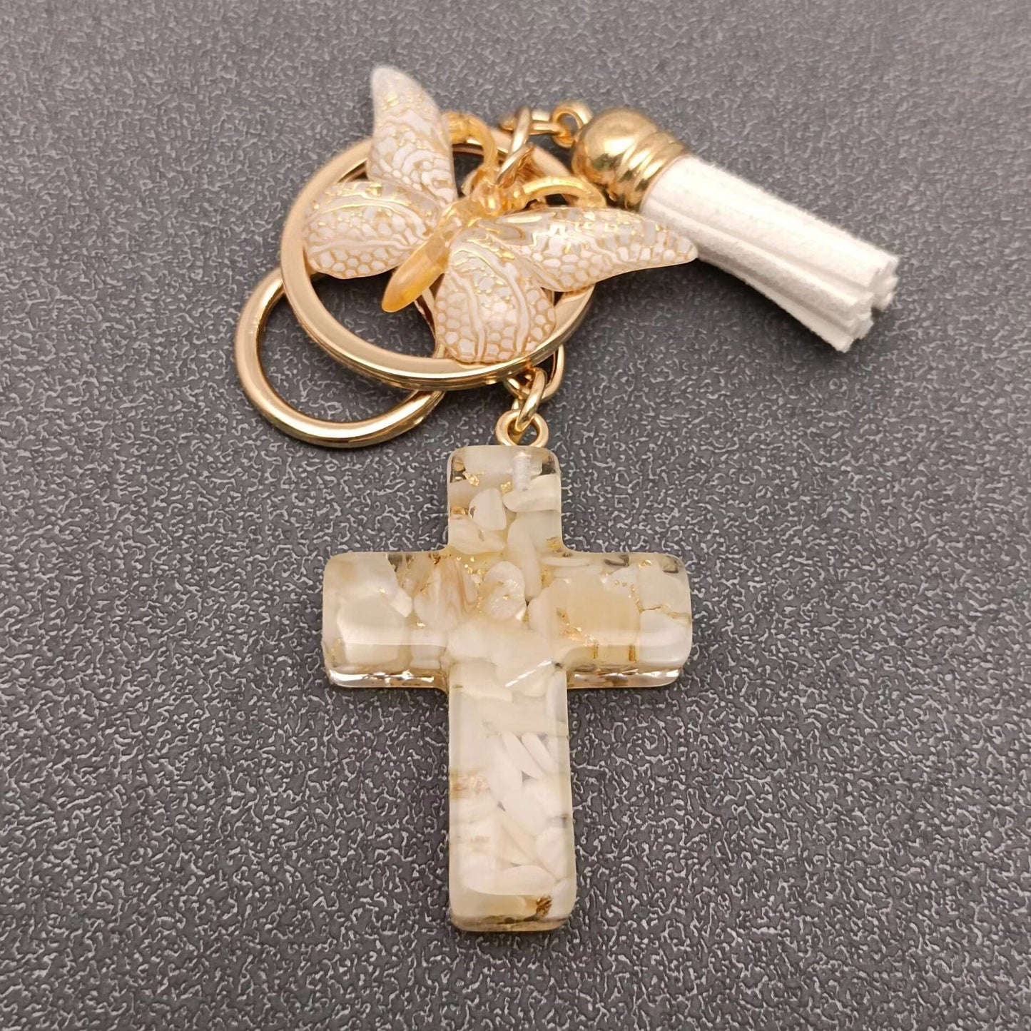 Resin Cross Butterfly Charm Tassel Keychain Bag Ornaments Assorted Colors