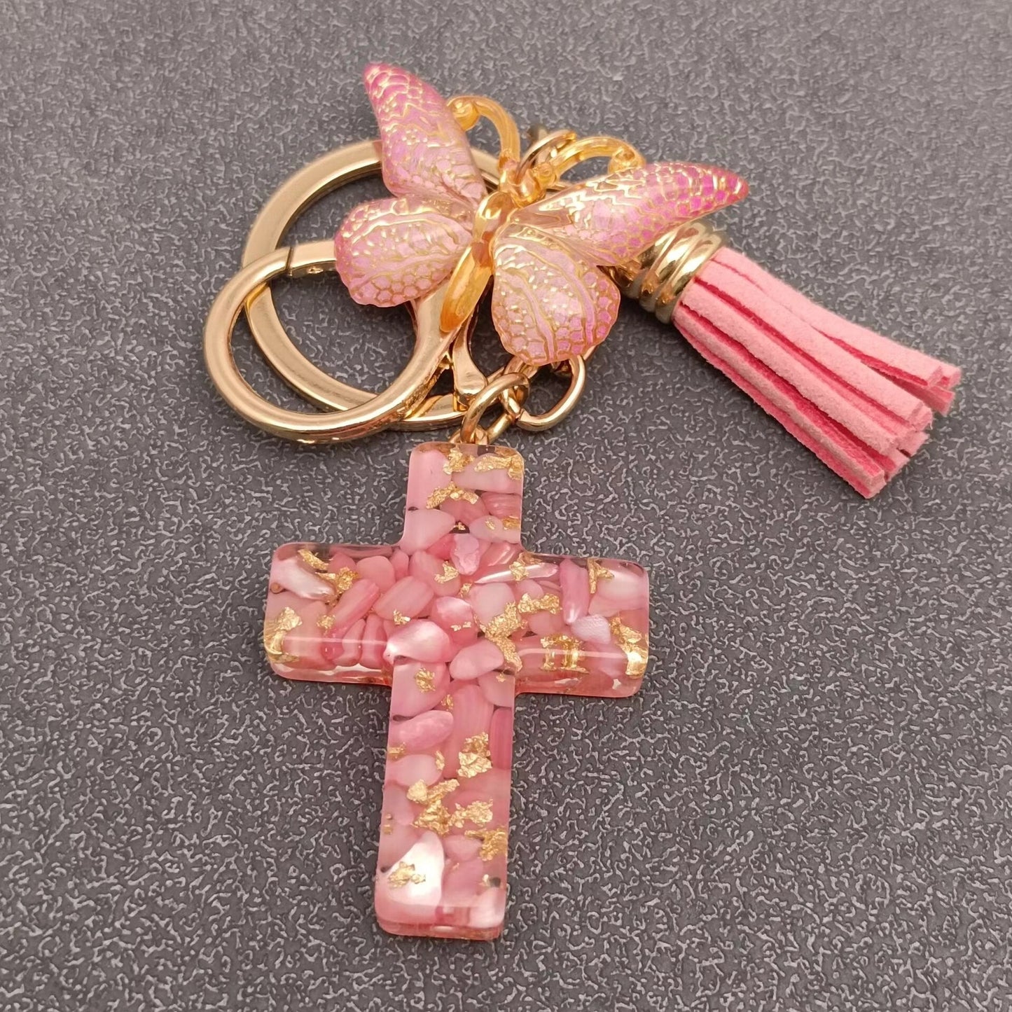 Resin Cross Butterfly Charm Tassel Keychain Bag Ornaments Assorted Colors