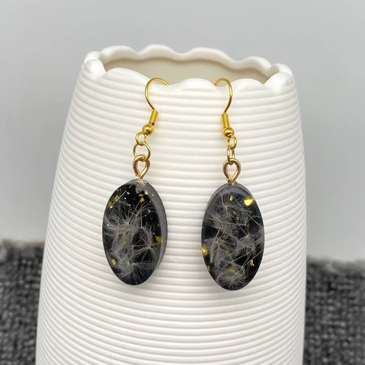 Dry Dandelion Black Oval Dangle Earrings