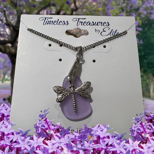 Handmade Lavender Seaglass Adjustable Necklace with Dragonfly