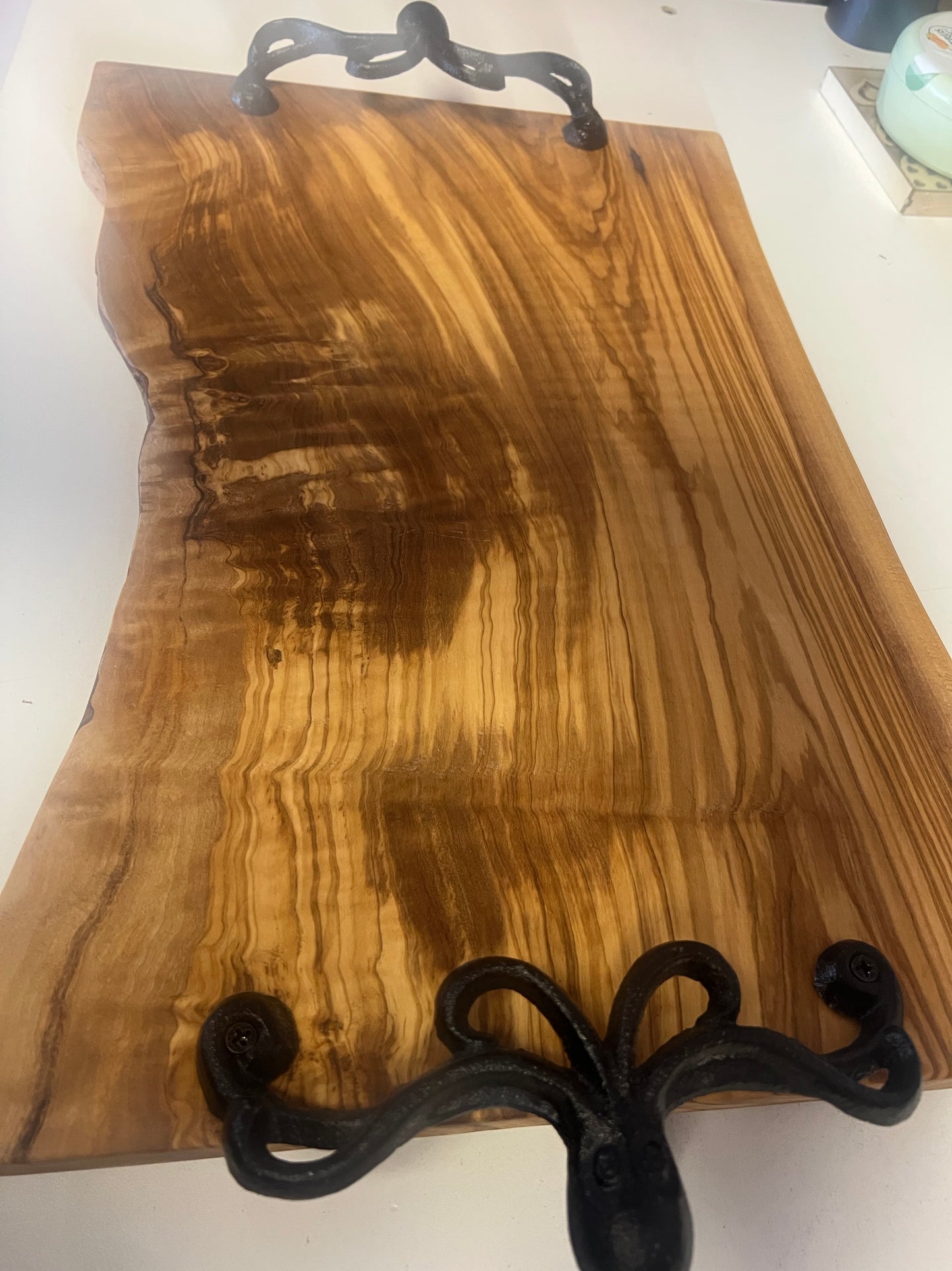 18" Octopus Handle Rustic Handmade Olive Wood Bark Edge Charcuterie Board
