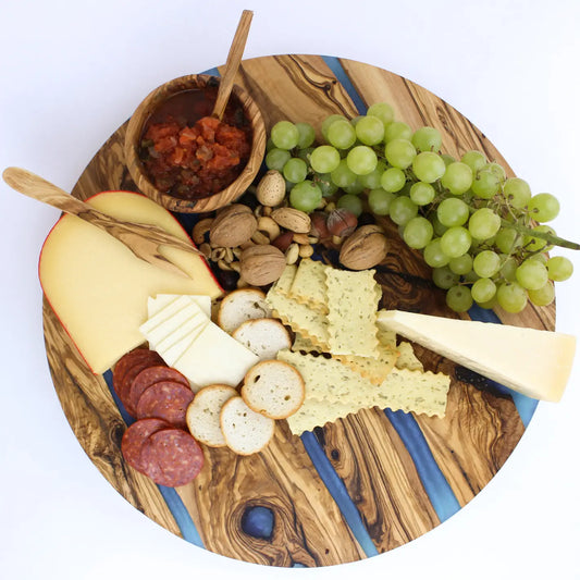 Olive Wood & Blue Epoxy Resin Lazy Susan, Charcuterie, Meat & Cheese Board 15-1/2"