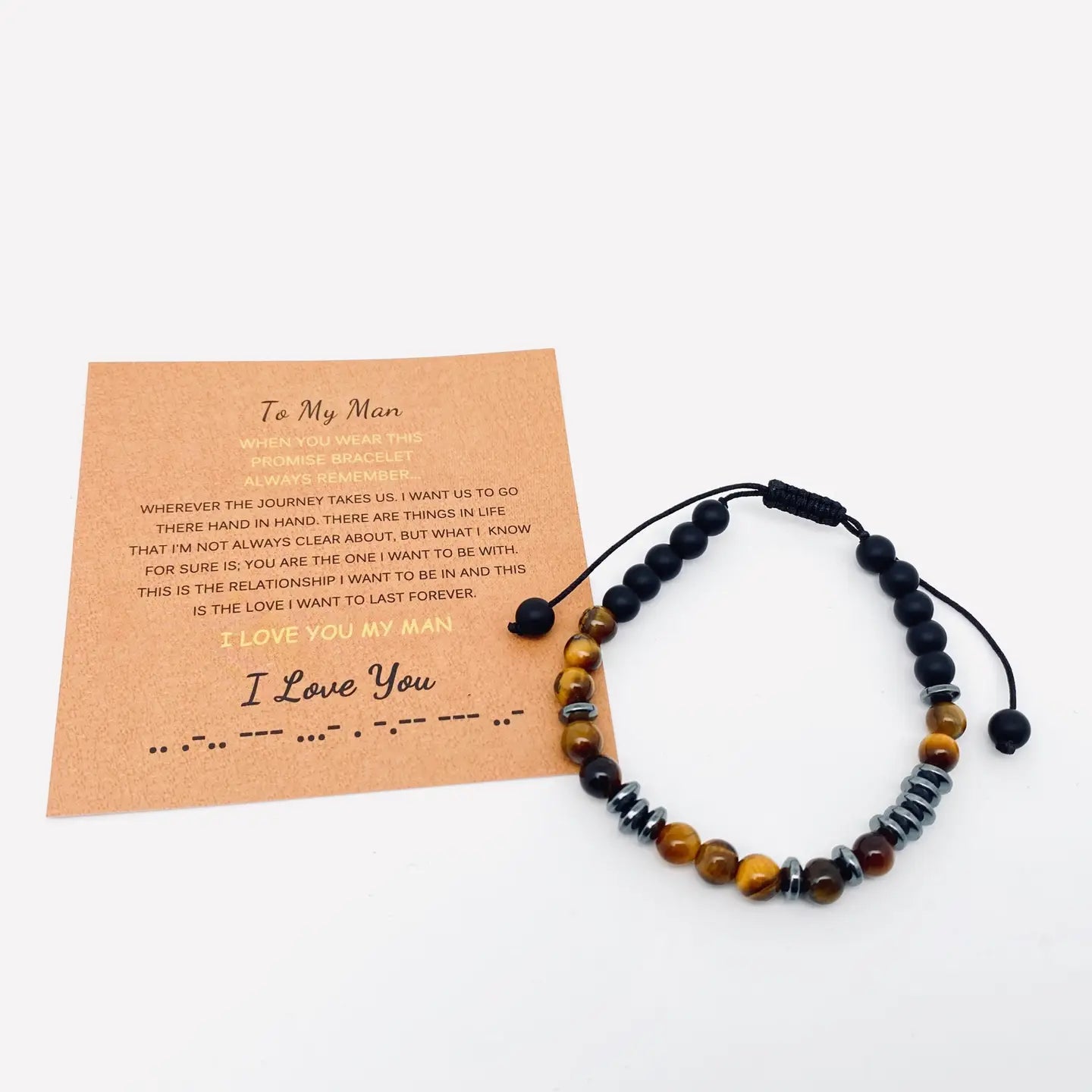 Morse Code "I Love You" - "To My Man" Tiger's Eye Stone Gift Bracelets