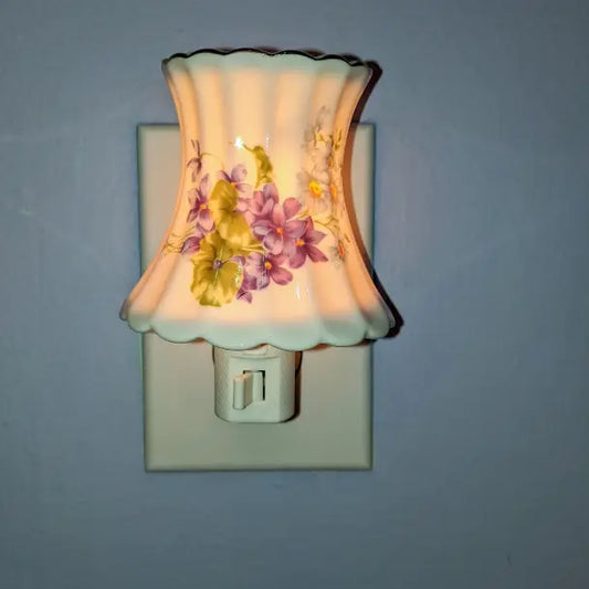 Porcelain Night Light& Oil Burner Victorian-Inspired Floral Night Light with Purple Flowers
