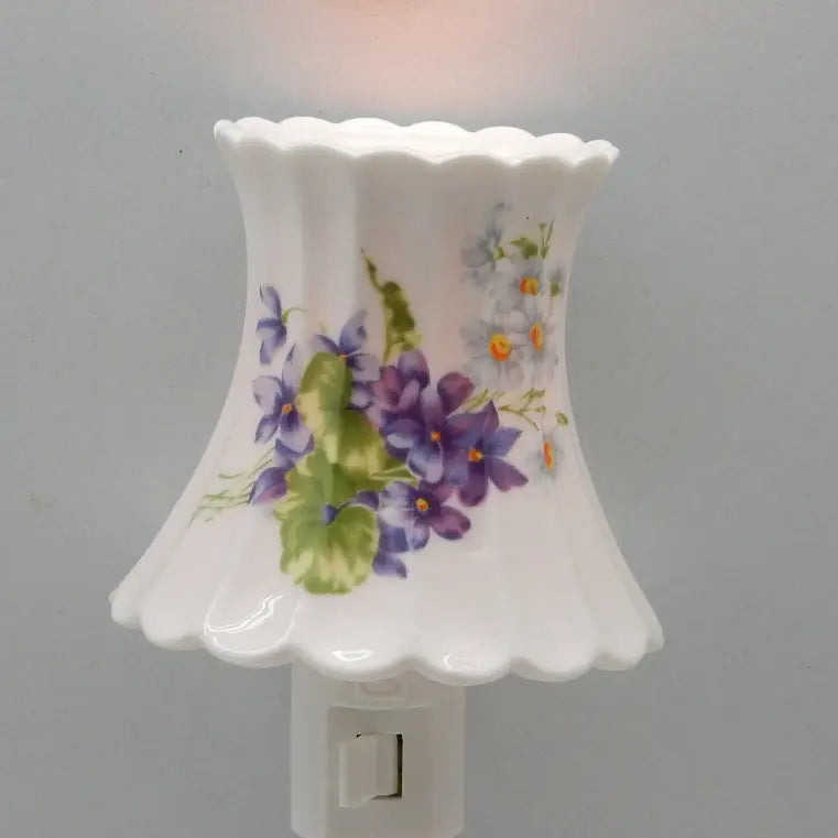 Porcelain Night Light& Oil Burner Victorian-Inspired Floral Night Light with Purple Flowers