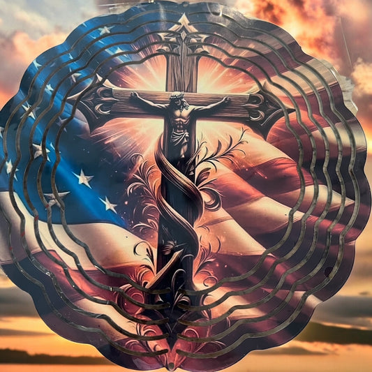 8" Colorful Cross USA Flag Wind Spinner Yard Decor with Vibrant Colors & Crystal Accent