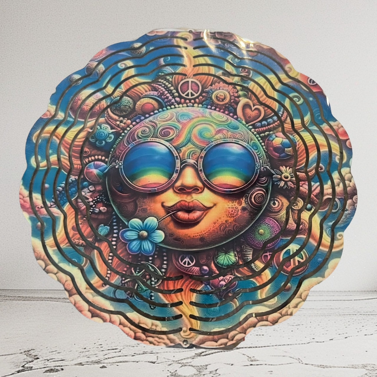 8" Colorful Hippie Sun Wind Spinner Yard Decor with Vibrant Colors & Crystal Accent