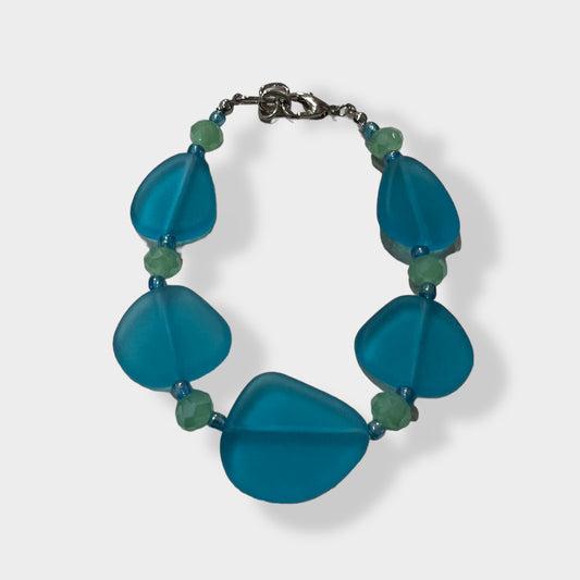 Handmade Sea Glass/Glass Adjustable Bracelet Coral Blue & Light Green