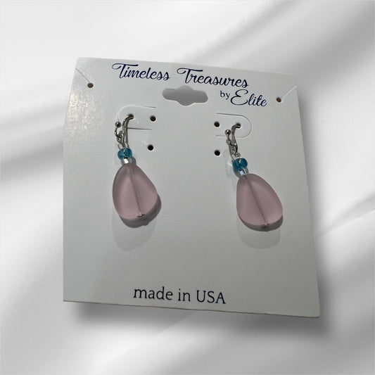 Handmade Sea Glass Drop Earrings Pink with Blue Glass
