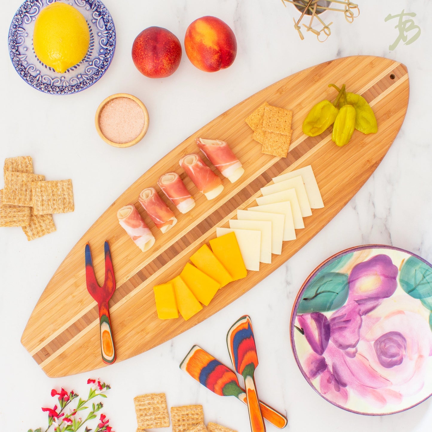 Surfboard Shaped Bamboo Serving & Cutting Board
