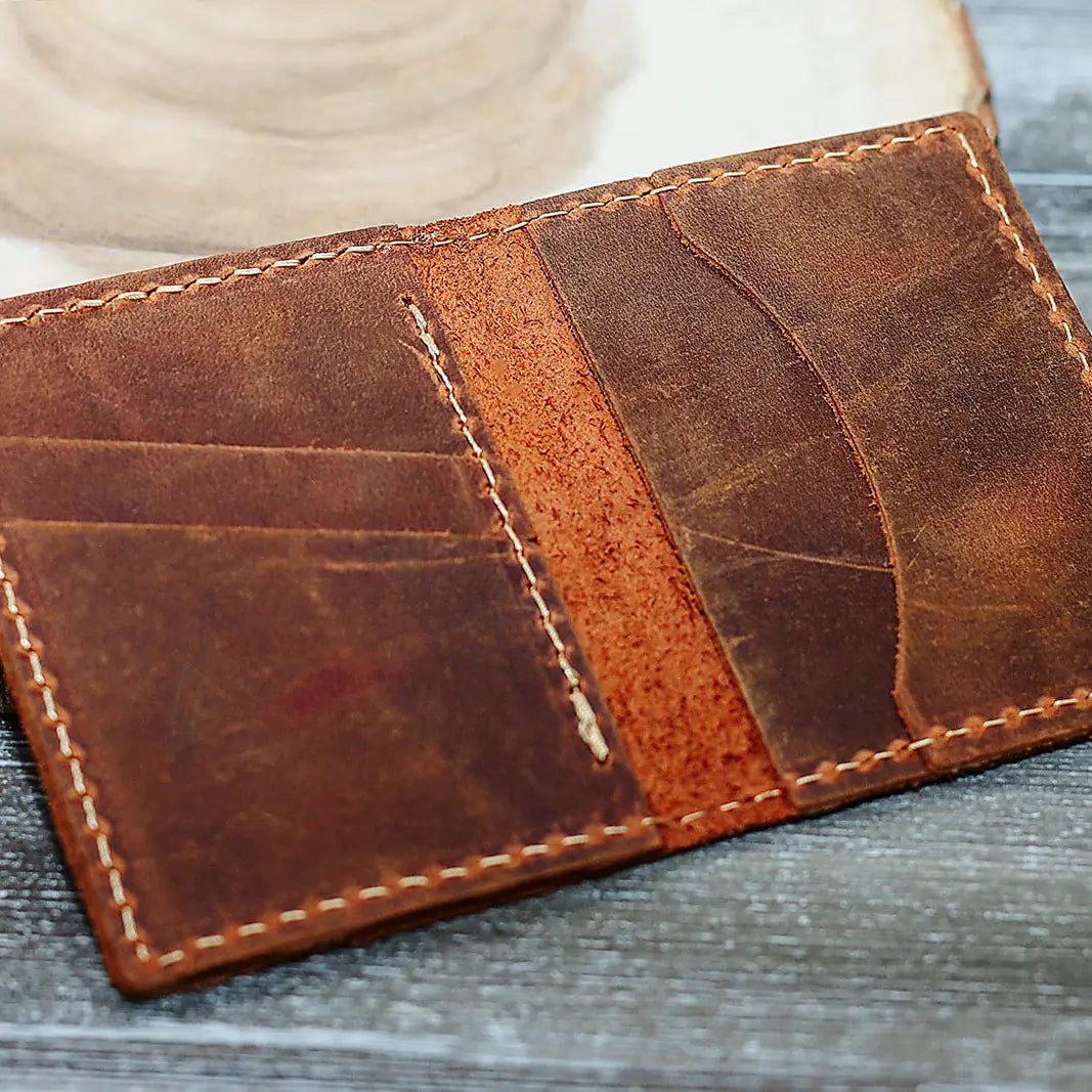 Hand Made Leather Bifold Wallet Rustic Brown