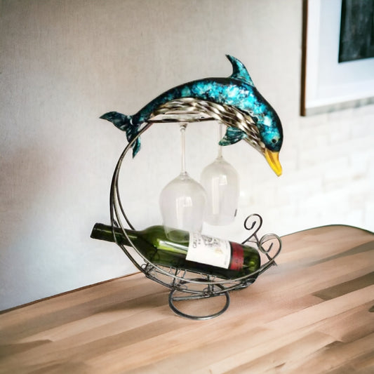 Dolphin Metal Wine & Glass Holder, Nautical Decor