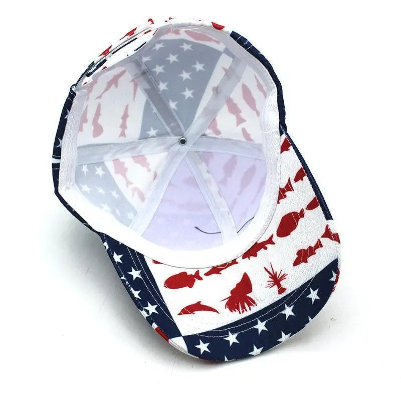 American Flag Fishing Print Baseball Cap Stars and Stripes
