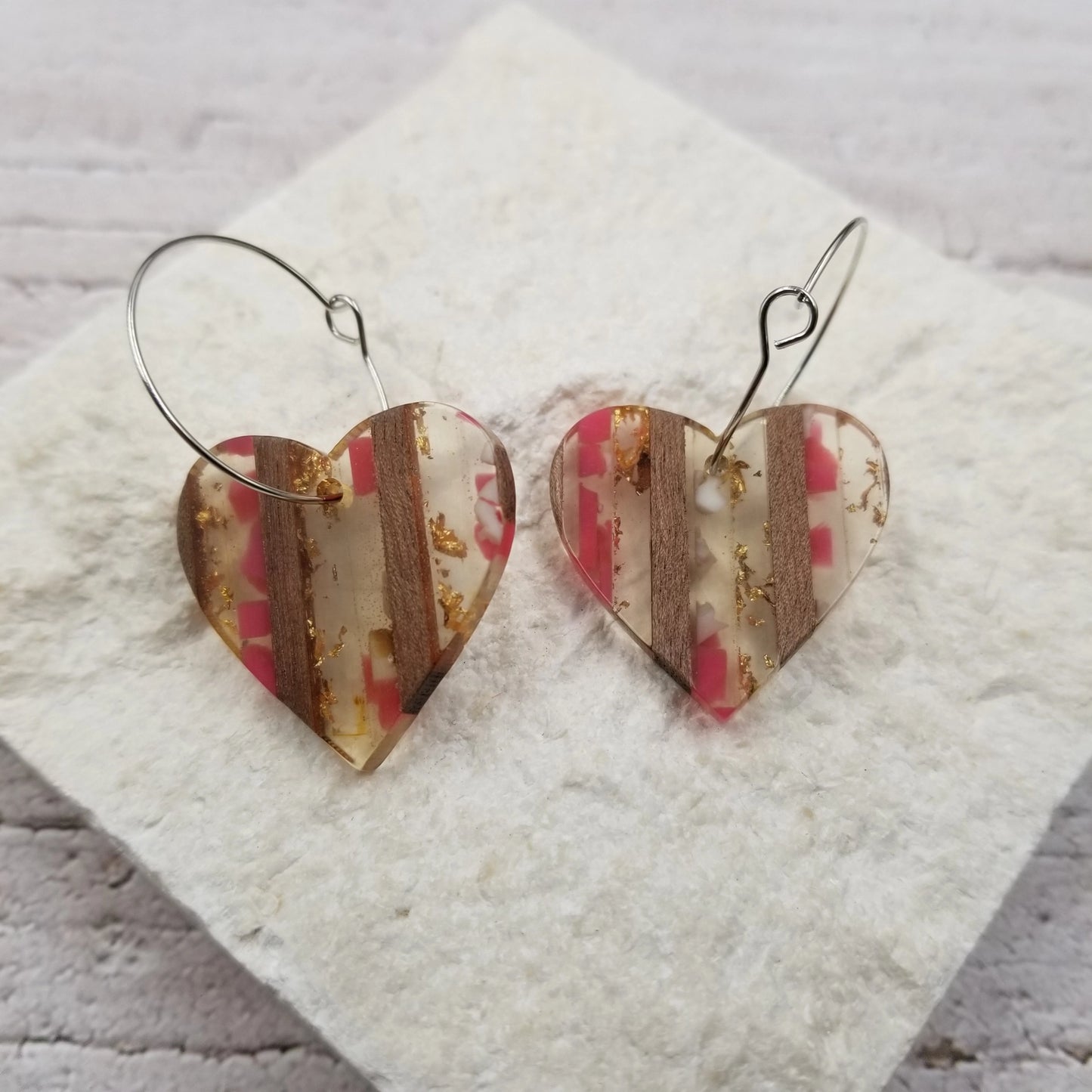 Valentine Gold Flake Acrylic Wood Heart Earrings