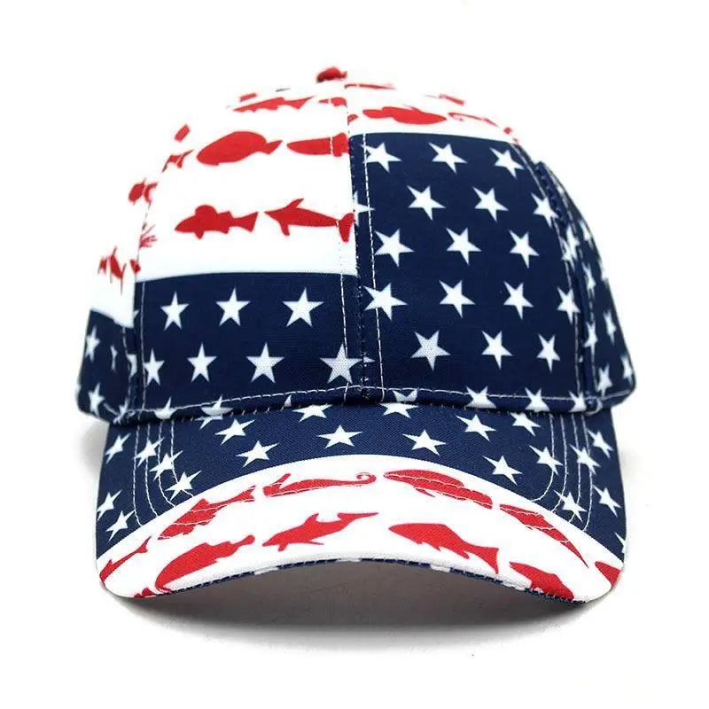 American Flag Fishing Print Baseball Cap Stars and Stripes