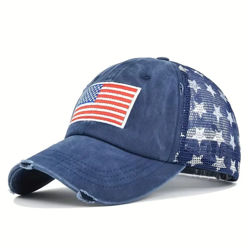USA Flag Mesh Trucker Hat Distressed Vintage Look Cap Patriotic, Baseball Cap