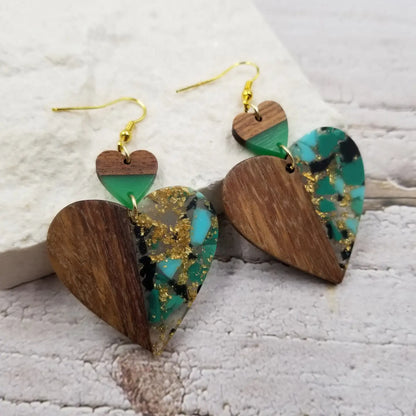 Gold Flake Acrylic Wood Drop Double Heart Earrings