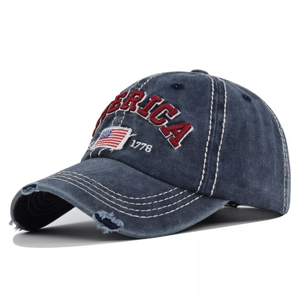 American Distressed Baseball Cap, 1776 American Flag USA, Color Blue