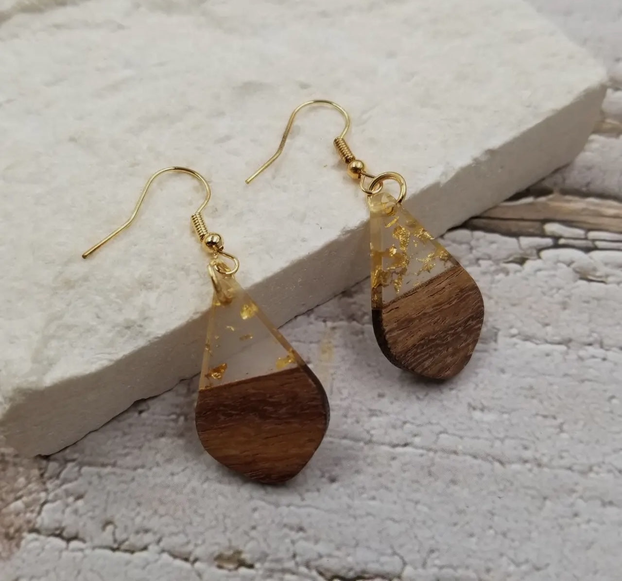 Gold Flake Acrylic Wood Drop Earrings