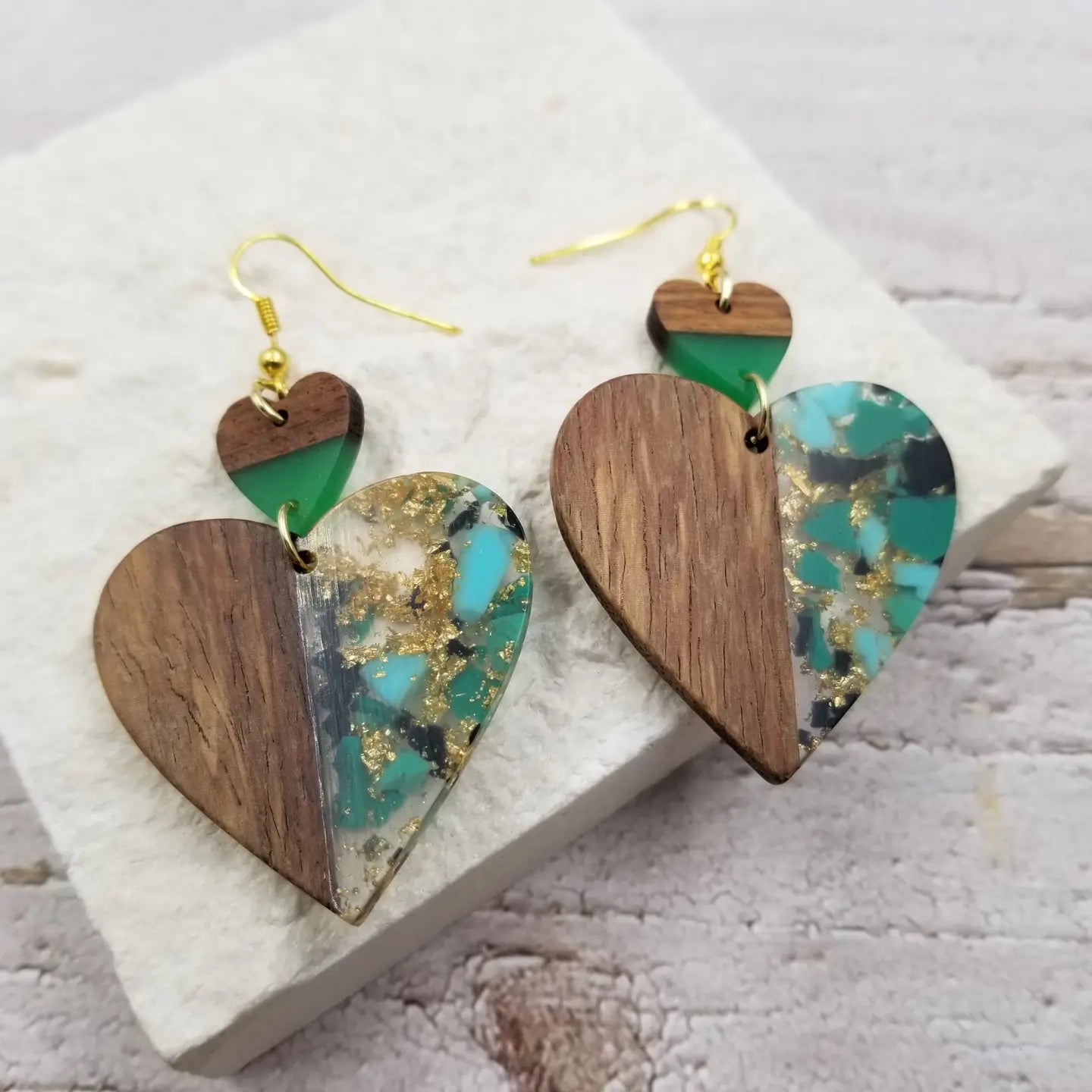 Gold Flake Acrylic Wood Drop Double Heart Earrings