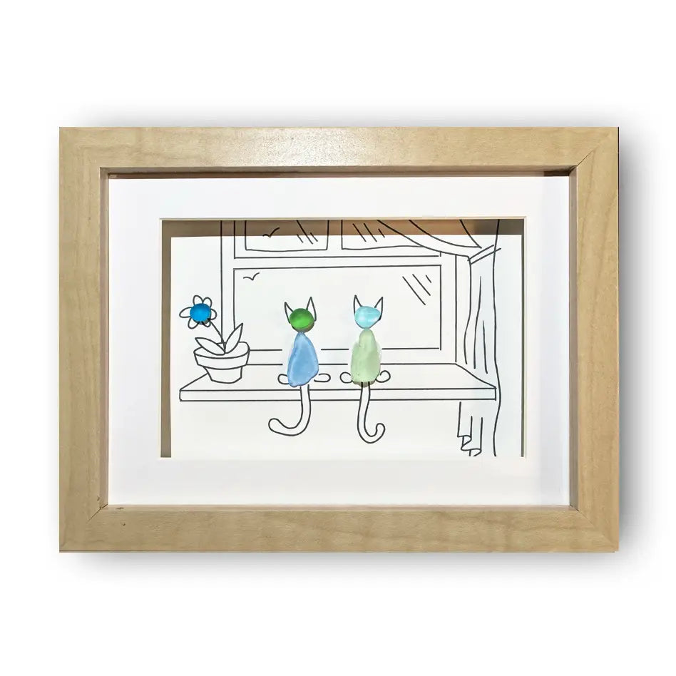 Two Cats in a Window Sea Glass Art