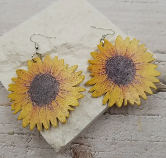 Wood Sunflower Earrings