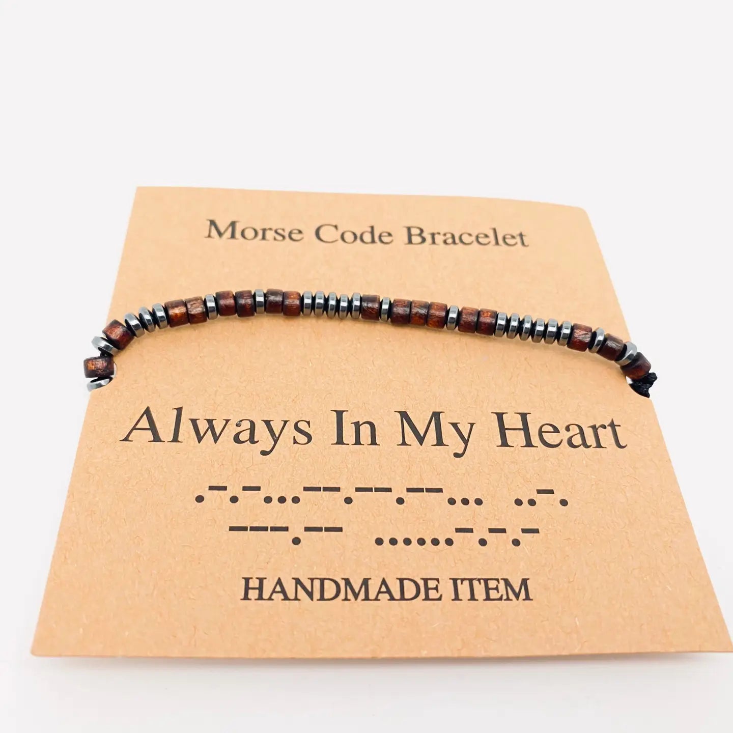 Multi-Style Hand-Woven Wood Bead Morse Code Bracelet - Always In My Heart