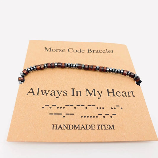 Multi-Style Hand-Woven Wood Bead Morse Code Bracelet - Always In My Heart