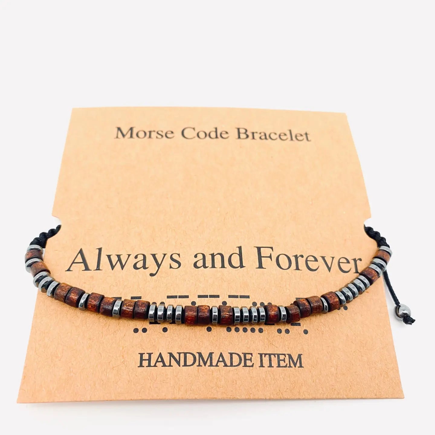 Multi-Style Hand-Woven Wood Bead Morse Code Bracelet - Always and Forever