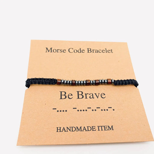 Multi-Style Hand-Woven Wood Bead Morse Code Bracelet - Be Brave