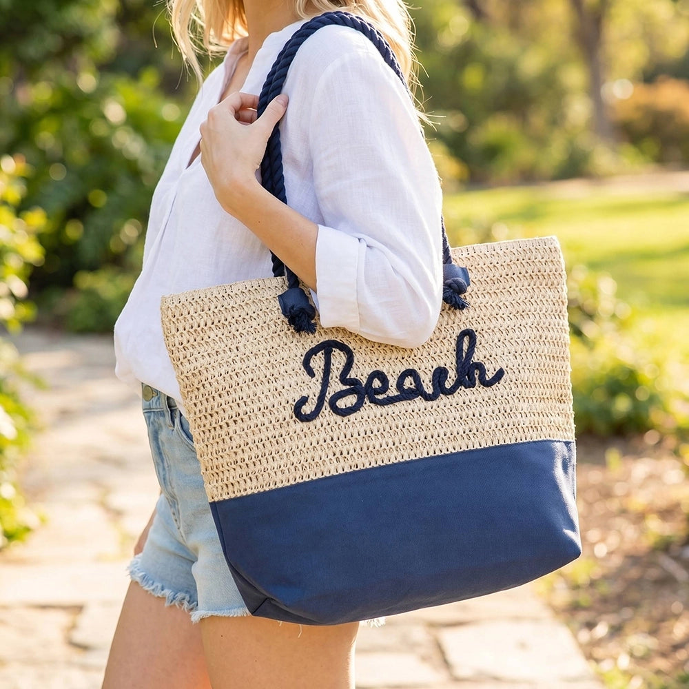 Large Beach Print Braided Tote Bag
