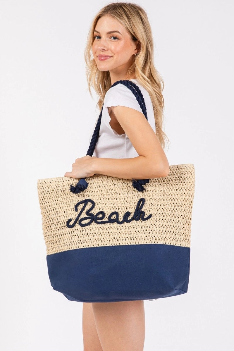 Large Beach Print Braided Tote Bag