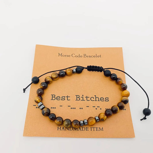 Morse Code Tiger's Eye Frosted Stone Beaded Stretch Bracelet - Best Bitches