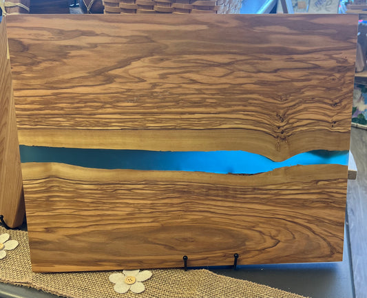 Olive Wood X-L Board with River of Blue Resin - 18” X 14”