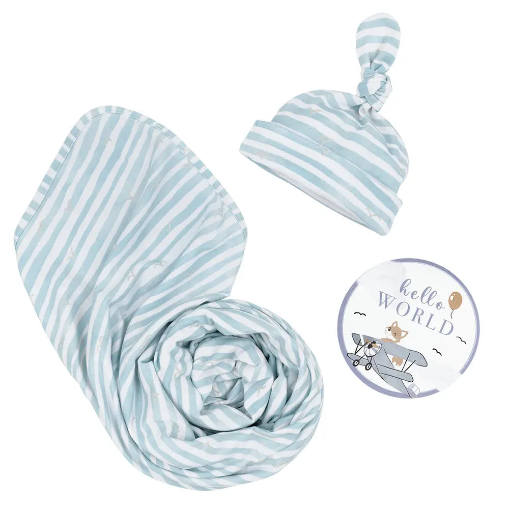 Newborn Baby Gift Set Cotton| Hello World - Blue Stripes