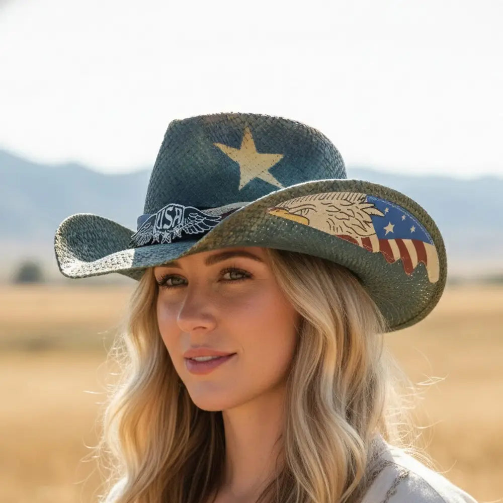 Yellow Star Western Usa Accent Cowboy Hat, American Flag w/Eagle on Rim