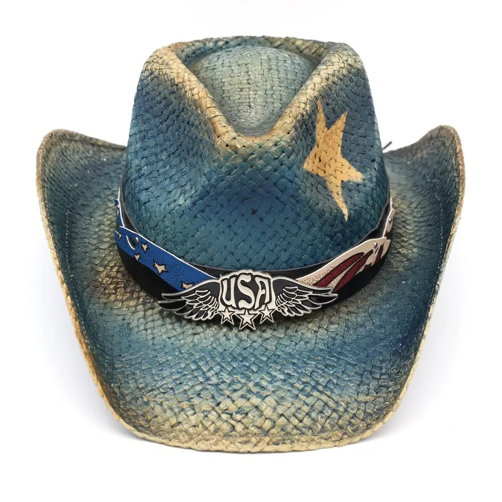 Yellow Star Western Usa Accent Cowboy Hat, American Flag w/Eagle on Rim