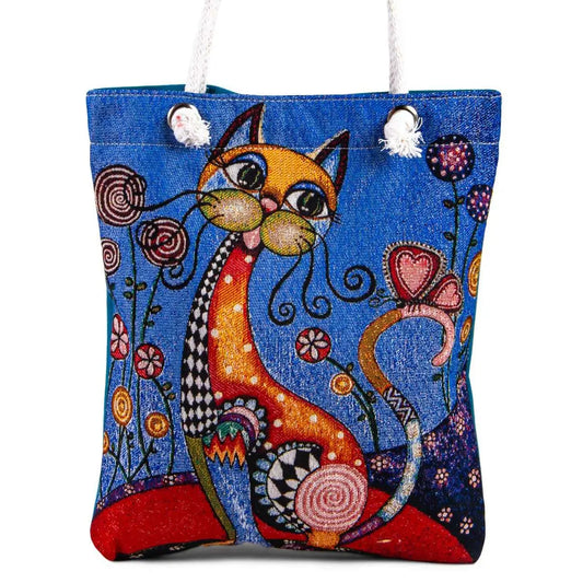 Vintage Blue Tapestry Shoulder Bag with Cat Design