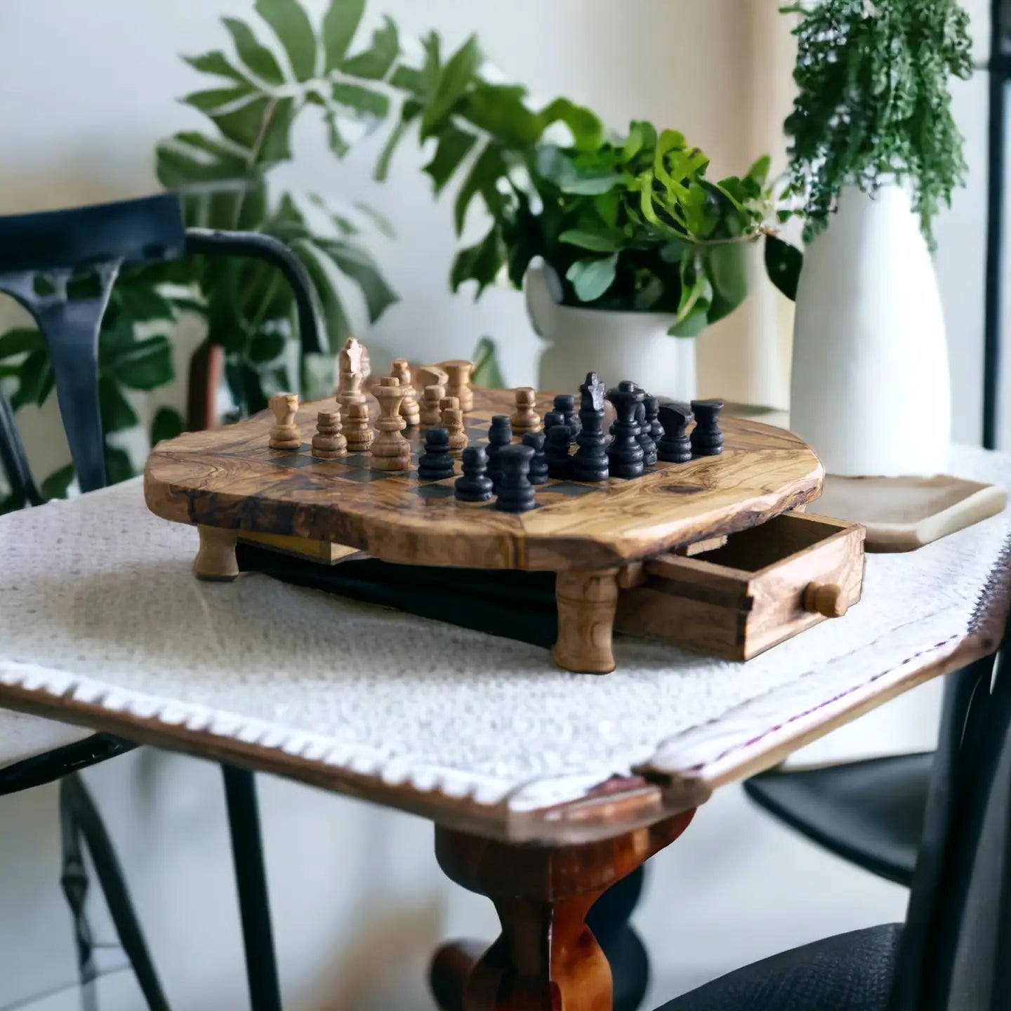 Handmade Olive Wood Chess Board with Storage Drawers