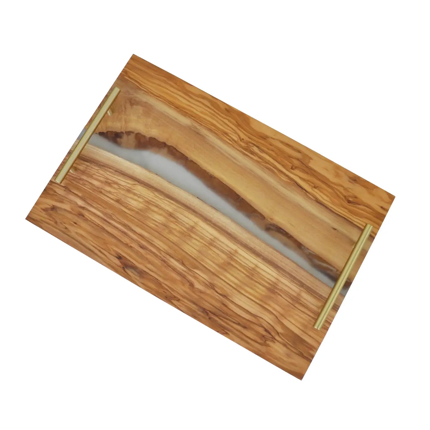 Olive Wood and Clear Resin Serving Tray with Gold Handles