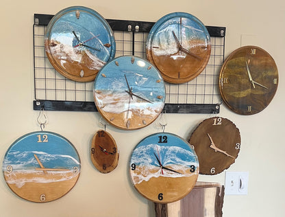 Handmade Epoxy Resin Beach Wave Clock with Wood Accents