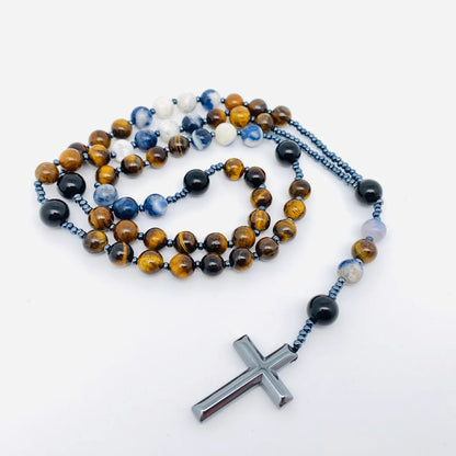 Tiger' Eye Blue-Vein Stone Beaded Necklace Cross Pendant -Cs