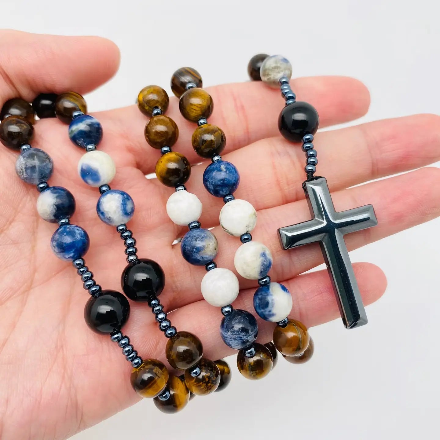 Tiger' Eye Blue-Vein Stone Beaded Necklace Cross Pendant -Cs